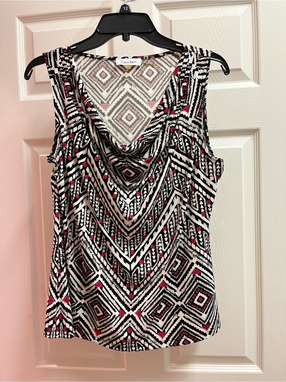 Calvin Klein Black White Geometric Cowl Neck Camisole with Pink Accents